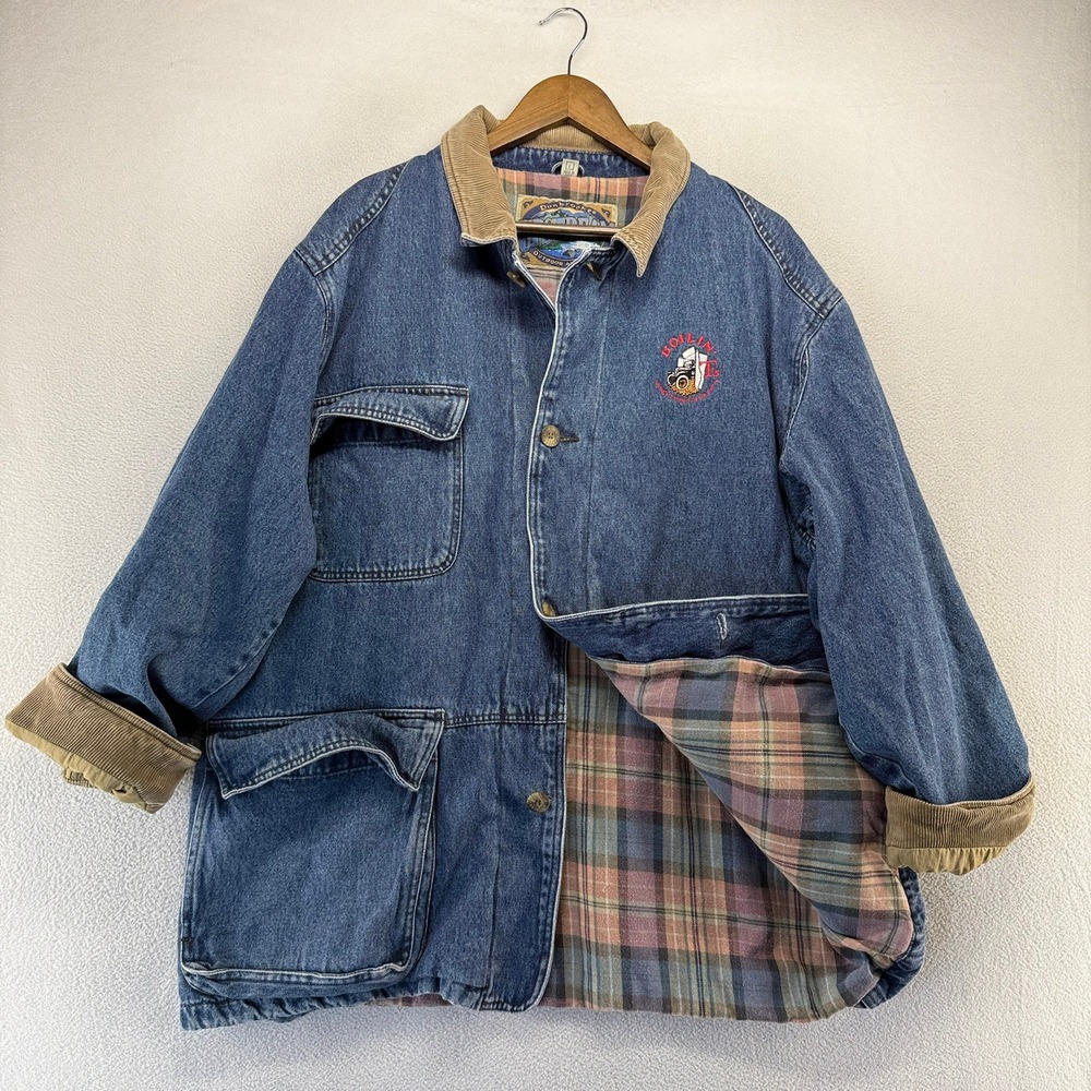 Vintage Dunbrooke Denim Jacket Mens Large Blue Barn Chore Coat Plaid Lined 90s